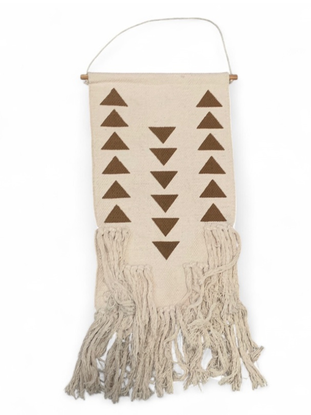 Boho Neutral Cream Macramé Wall Hanging with Brown Triangle Pattern